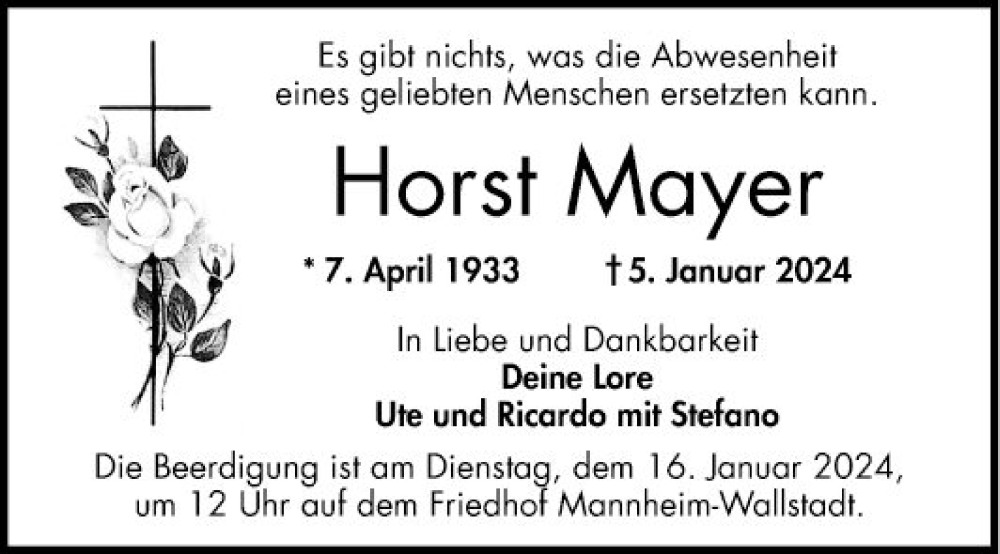  Traueranzeige für Horst Mayer vom 13.01.2024 aus Mannheimer Morgen