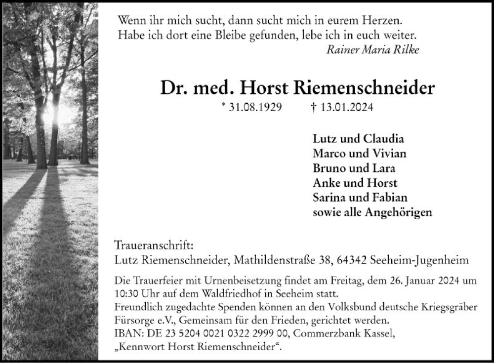  Traueranzeige für Horst Riemenschneider vom 20.01.2024 aus Bergsträßer Anzeiger