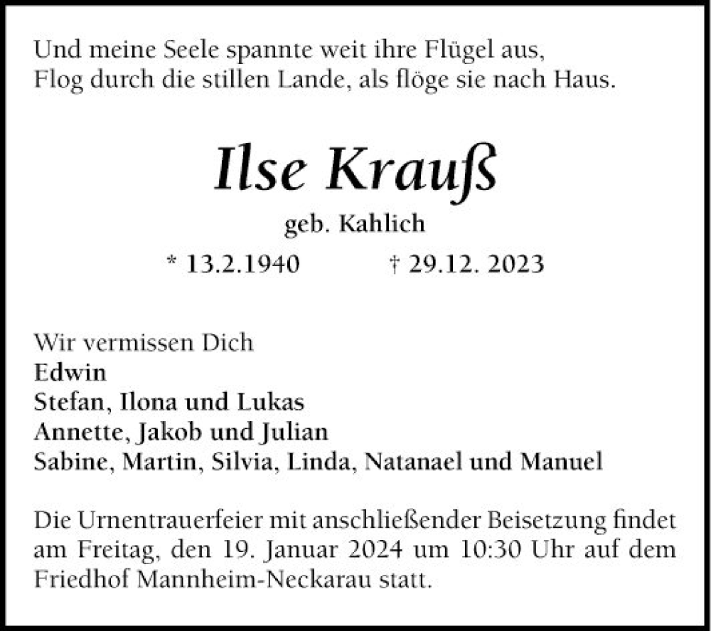  Traueranzeige für Ilse Krauß vom 13.01.2024 aus Mannheimer Morgen