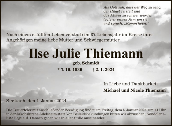 Traueranzeige von Ilse  Thiemann von Fränkische Nachrichten