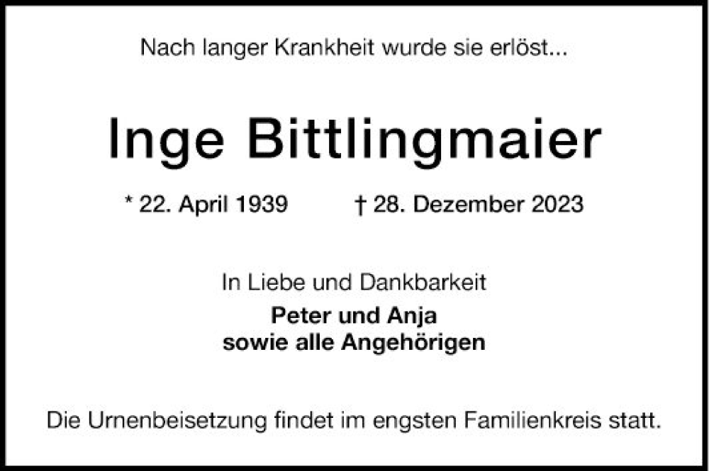  Traueranzeige für Inge Bittlingmaier vom 05.01.2024 aus Mannheimer Morgen