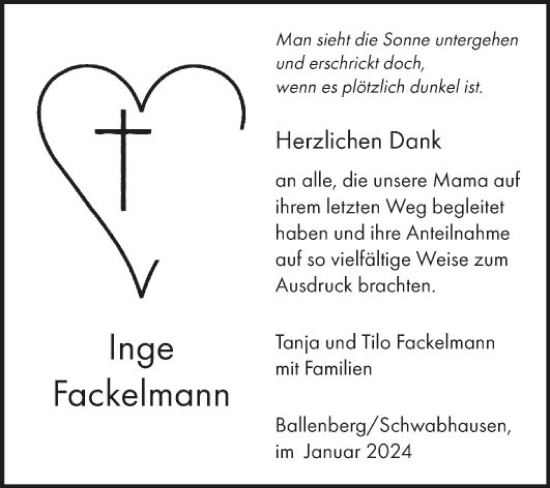 Traueranzeige von Inge Fackelmann von Fränkische Nachrichten