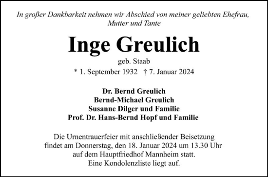 Traueranzeige von Inge Greulich von Mannheimer Morgen