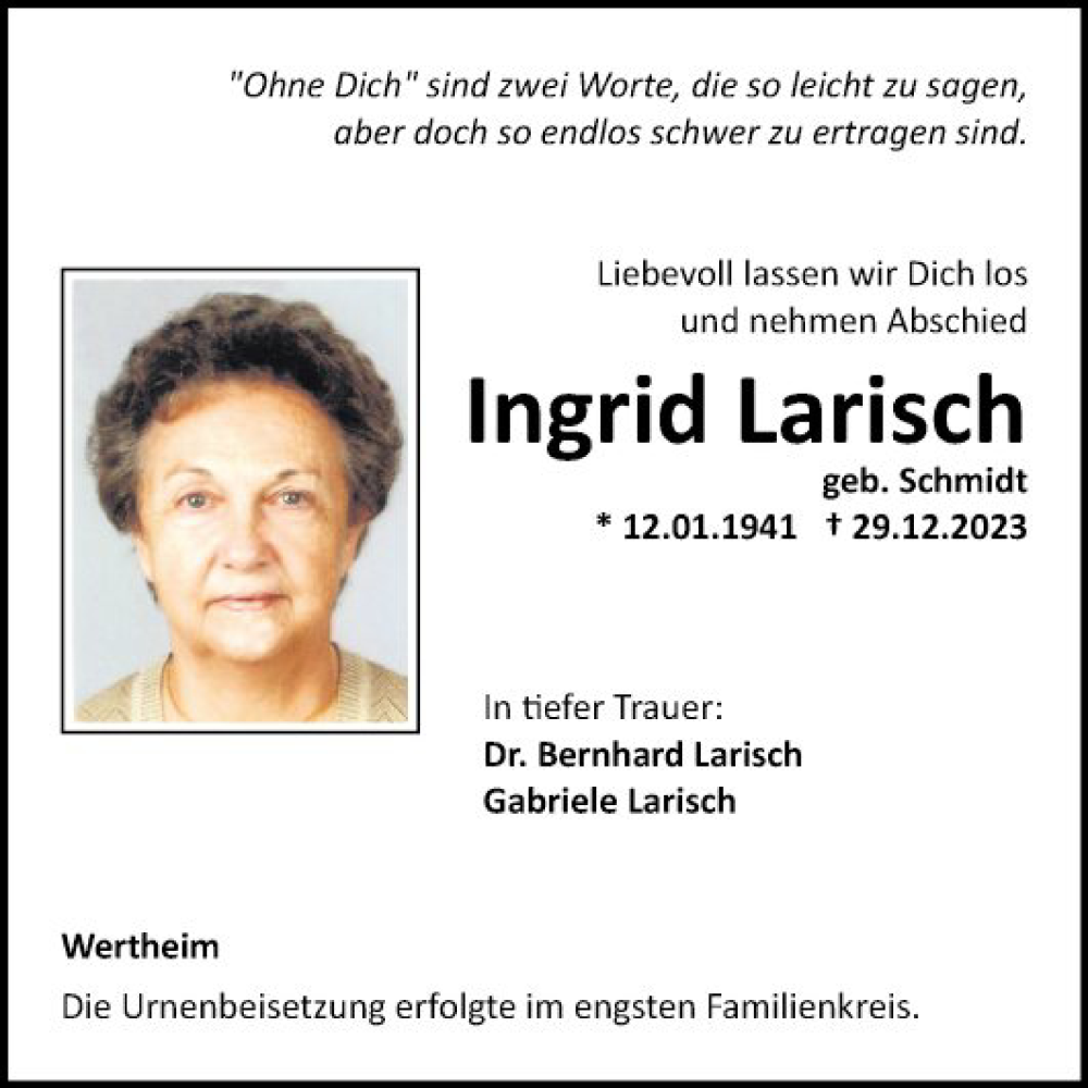  Traueranzeige für Ingrid Larisch vom 13.01.2024 aus Fränkische Nachrichten