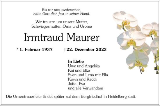 Traueranzeige von Irmtraud Maurer von Mannheimer Morgen
