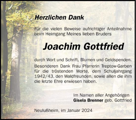 Traueranzeige von Joachim Gottfried von Schwetzinger Zeitung