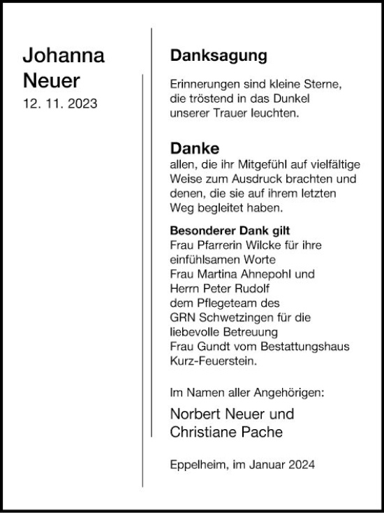 Traueranzeige von Johanna Neuer von Schwetzinger Zeitung