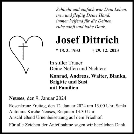 Traueranzeige von Josef Dittrich von Fränkische Nachrichten