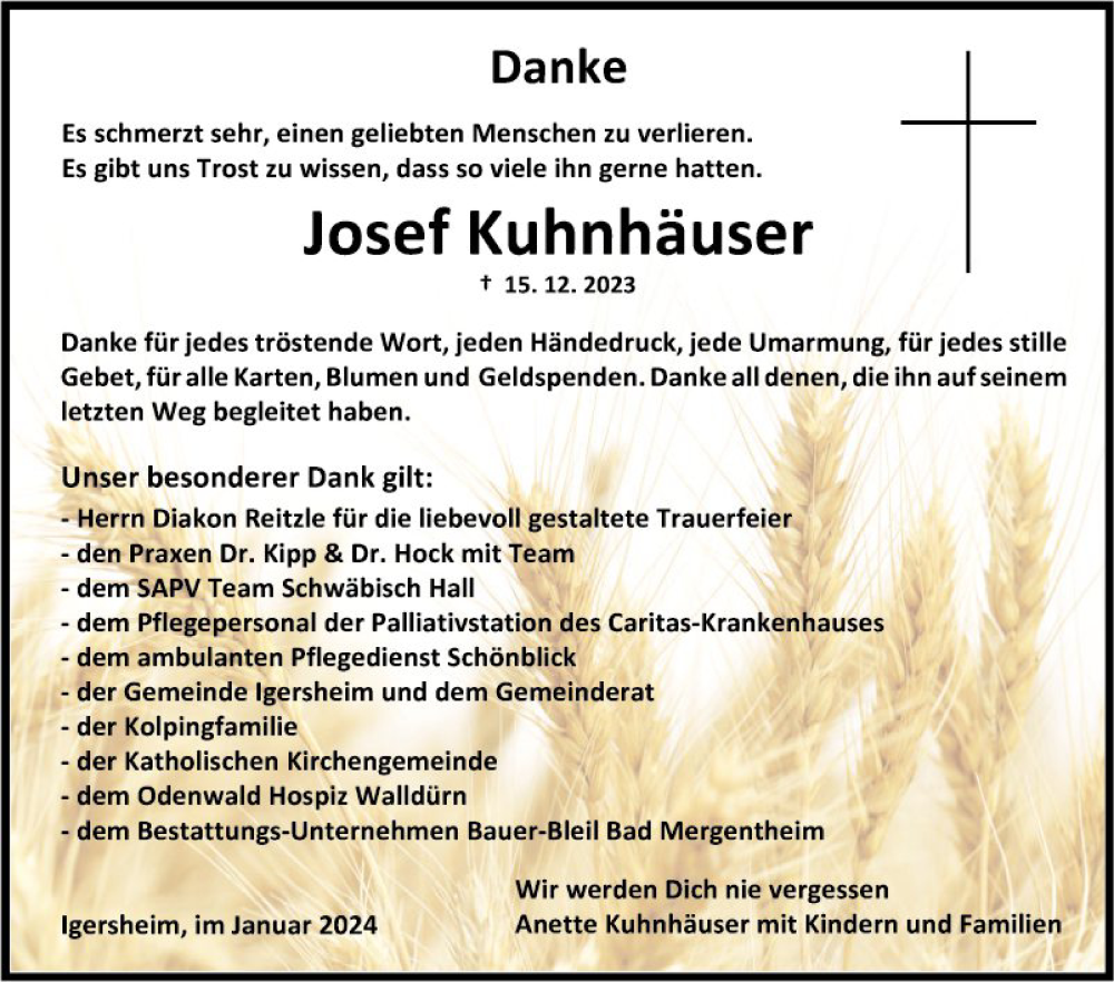  Traueranzeige für Josef Kuhnhäuser vom 13.01.2024 aus Fränkische Nachrichten