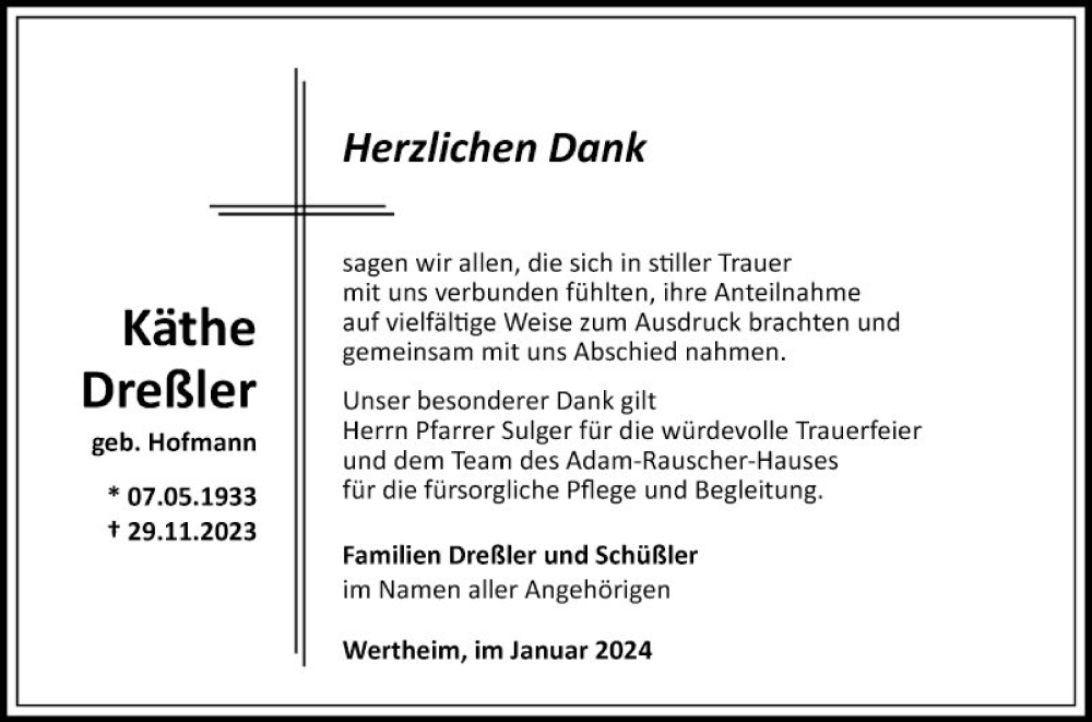  Traueranzeige für Käthe Dreßler vom 13.01.2024 aus Fränkische Nachrichten