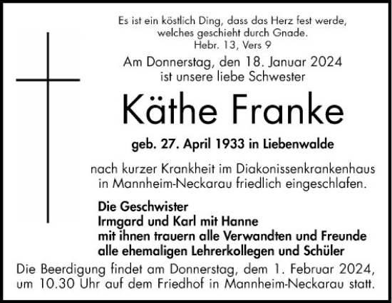 Traueranzeige von Käthe Franke von Mannheimer Morgen