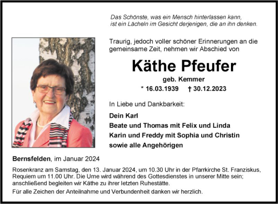 Traueranzeige von Käthe Pfeufer von Fränkische Nachrichten