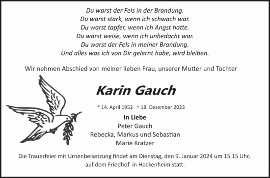 Traueranzeige von Karin Gauch von Schwetzinger Zeitung