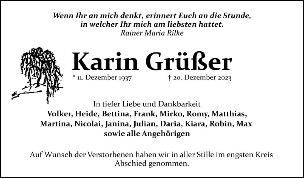  Traueranzeige für Karin Grüßer vom 13.01.2024 aus Mannheimer Morgen