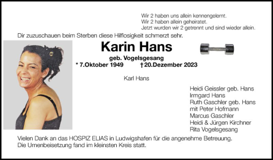 Traueranzeige von Karin Hans von Mannheimer Morgen