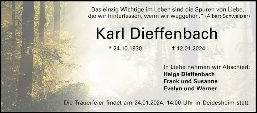  Traueranzeige für Karl Dieffenbach vom 20.01.2024 aus Mannheimer Morgen