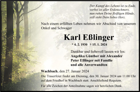 Traueranzeige von Karl Eßlinger von Fränkische Nachrichten