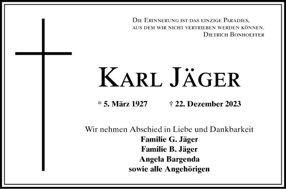  Traueranzeige für Karl Jäger vom 05.01.2024 aus Schwetzinger Zeitung