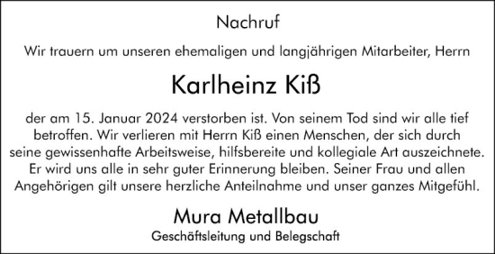 Traueranzeige von Karlheinz Kiß von Mannheimer Morgen