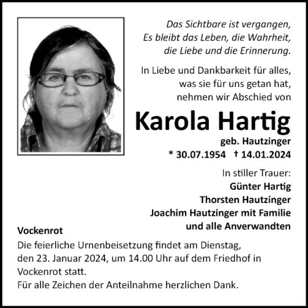  Traueranzeige für Karola Hartig vom 20.01.2024 aus Fränkische Nachrichten