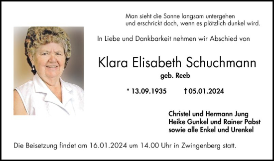 Traueranzeige von Klara Elisabeth Schuchmann von Bergsträßer Anzeiger