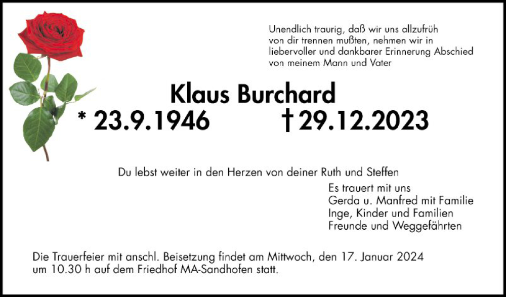  Traueranzeige für Klaus Burchard vom 13.01.2024 aus Mannheimer Morgen
