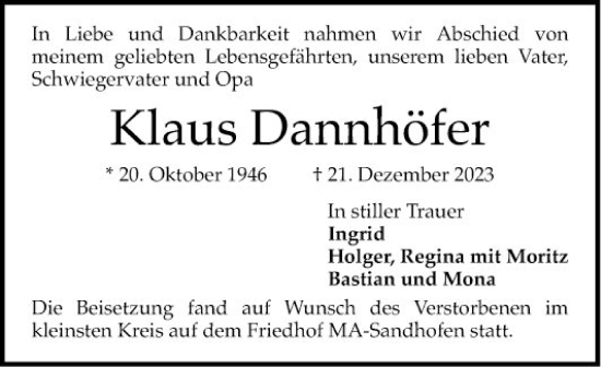 Traueranzeige von Klaus Dannhöfer von Mannheimer Morgen