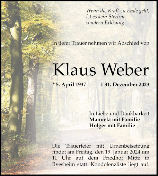 Traueranzeige von Klaus Weber von Mannheimer Morgen