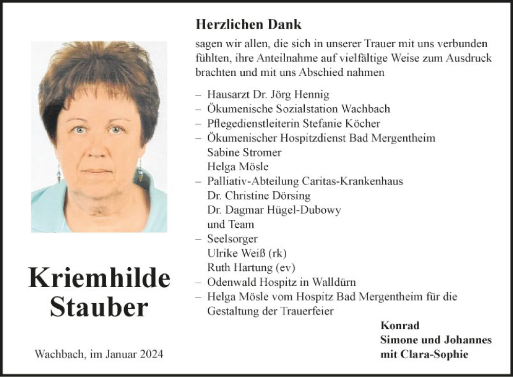  Traueranzeige für Kriemhilde Stauber vom 13.01.2024 aus Fränkische Nachrichten