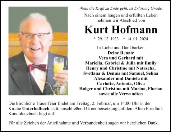 Traueranzeige von Kurt Hofmann von Fränkische Nachrichten