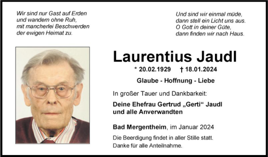 Traueranzeige von Laurentius Jaudl von Fränkische Nachrichten
