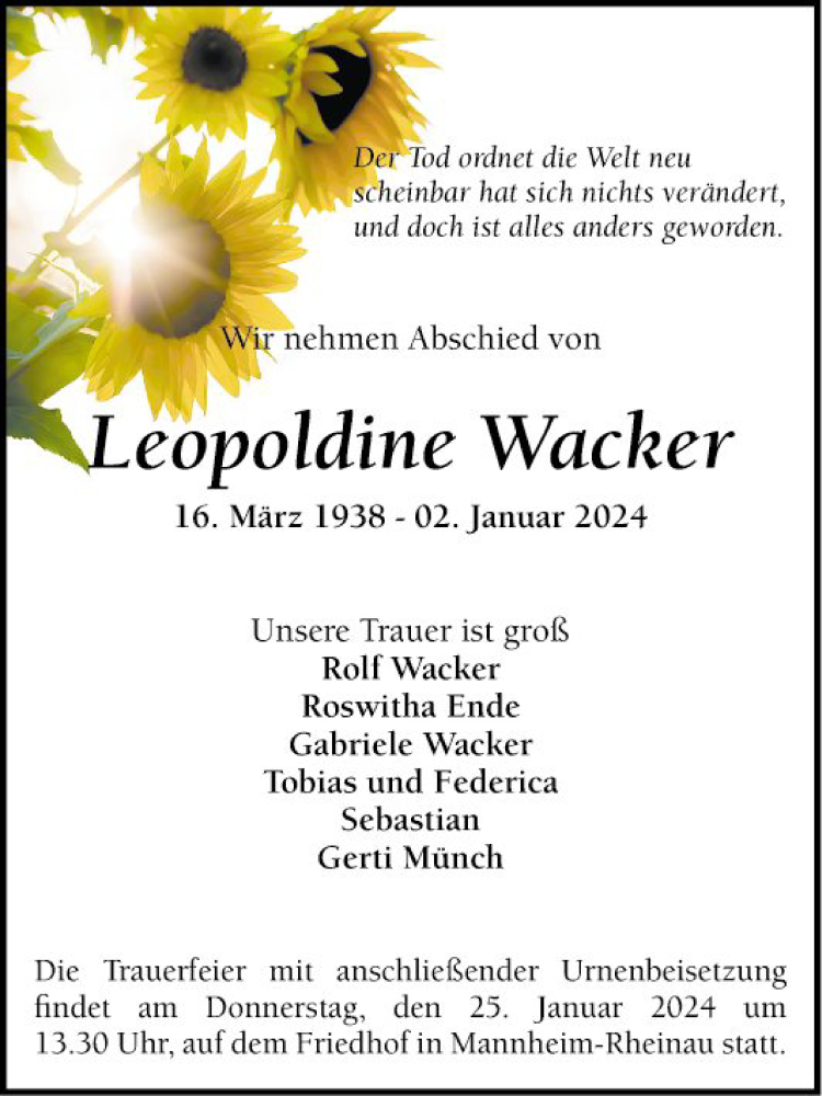  Traueranzeige für Leopoldine Wacker vom 20.01.2024 aus Mannheimer Morgen