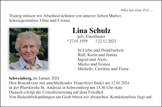 Traueranzeige von Lina Schulz von Fränkische Nachrichten