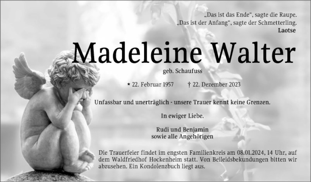  Traueranzeige für Madeleine Walter vom 05.01.2024 aus Schwetzinger Zeitung