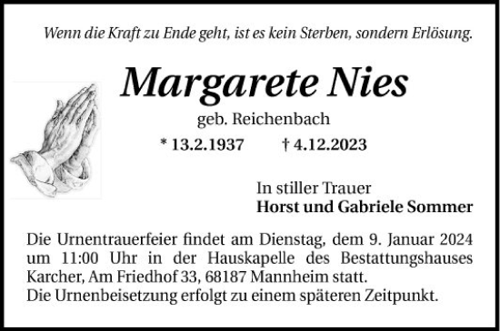 Traueranzeige von Margarete Nies von Mannheimer Morgen