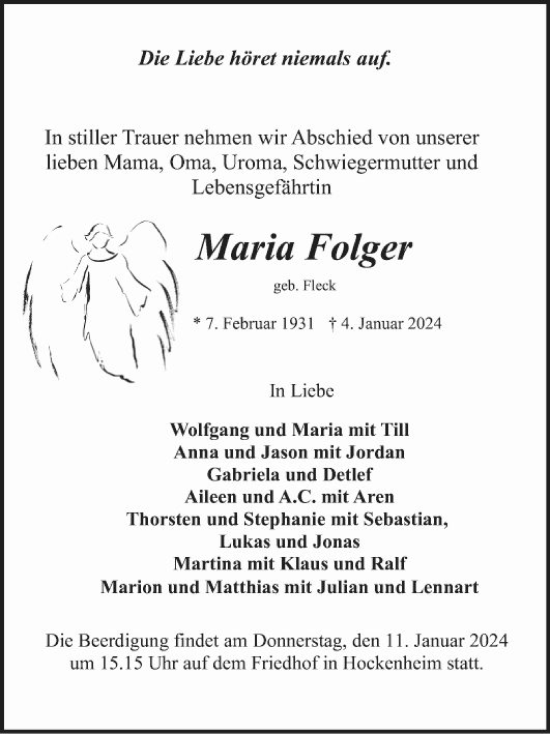 Traueranzeige von Maria Folger von Schwetzinger Zeitung