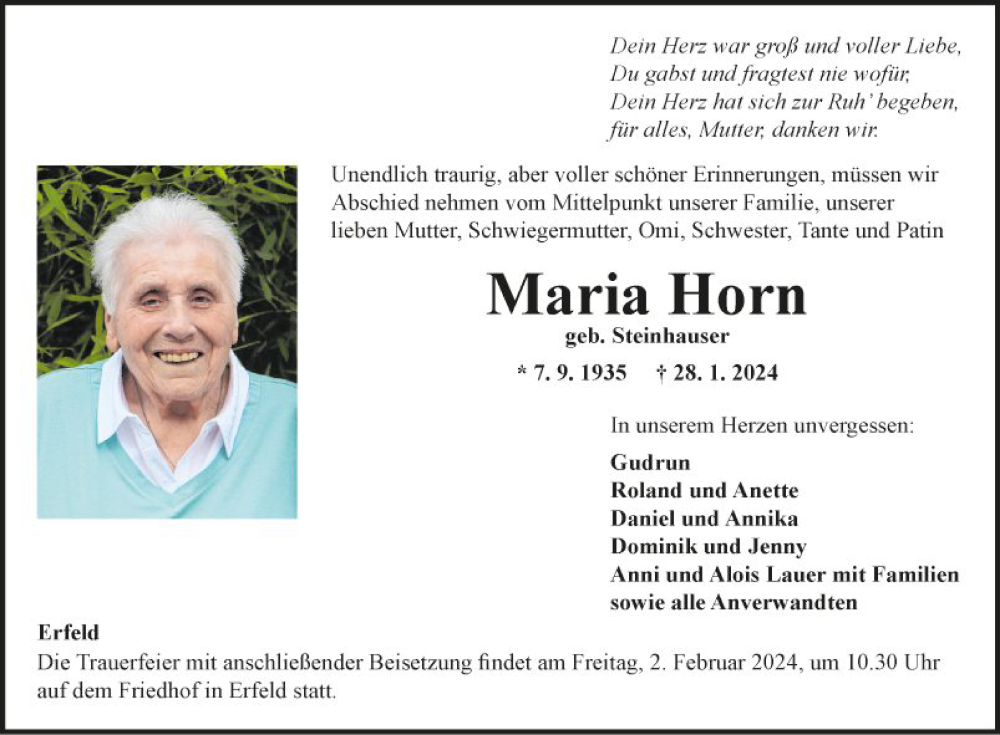  Traueranzeige für Maria Horn vom 31.01.2024 aus Fränkische Nachrichten