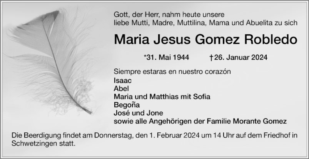  Traueranzeige für Maria Jesus Gomez Robledo vom 30.01.2024 aus Schwetzinger Zeitung
