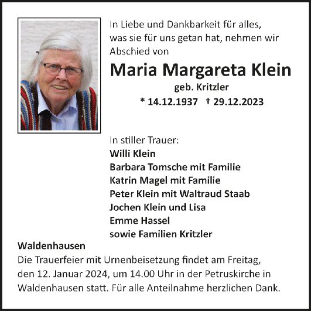  Traueranzeige für Maria Margareta Klein vom 05.01.2024 aus Fränkische Nachrichten