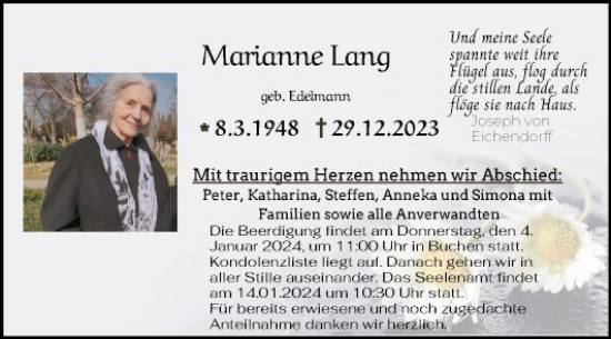Traueranzeige von Marianne Lang von Fränkische Nachrichten