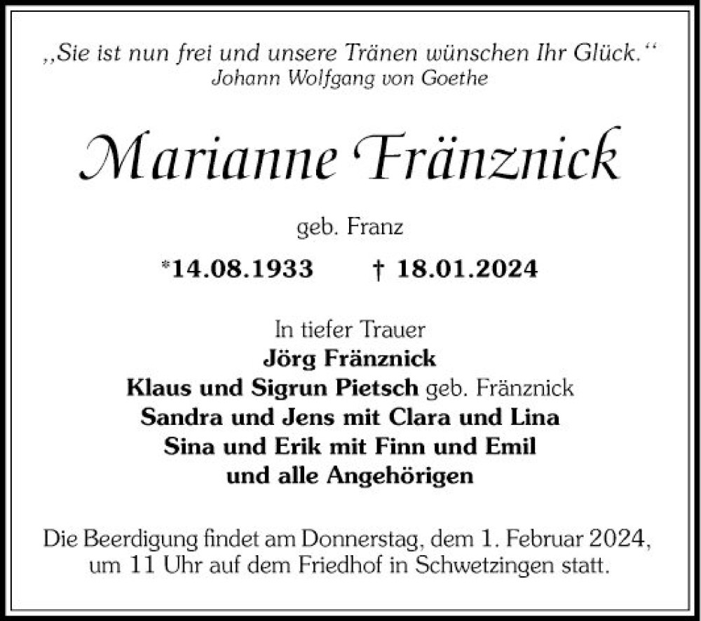  Traueranzeige für Marianne Tränznick vom 27.01.2024 aus Schwetzinger Zeitung