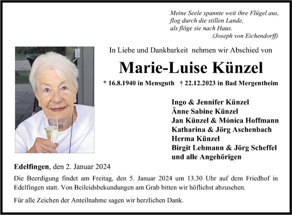  Traueranzeige für Marie-Luise Künzel vom 02.01.2024 aus Fränkische Nachrichten
