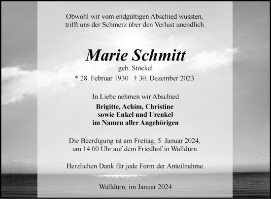 Traueranzeige von Marie Schmitt von Fränkische Nachrichten