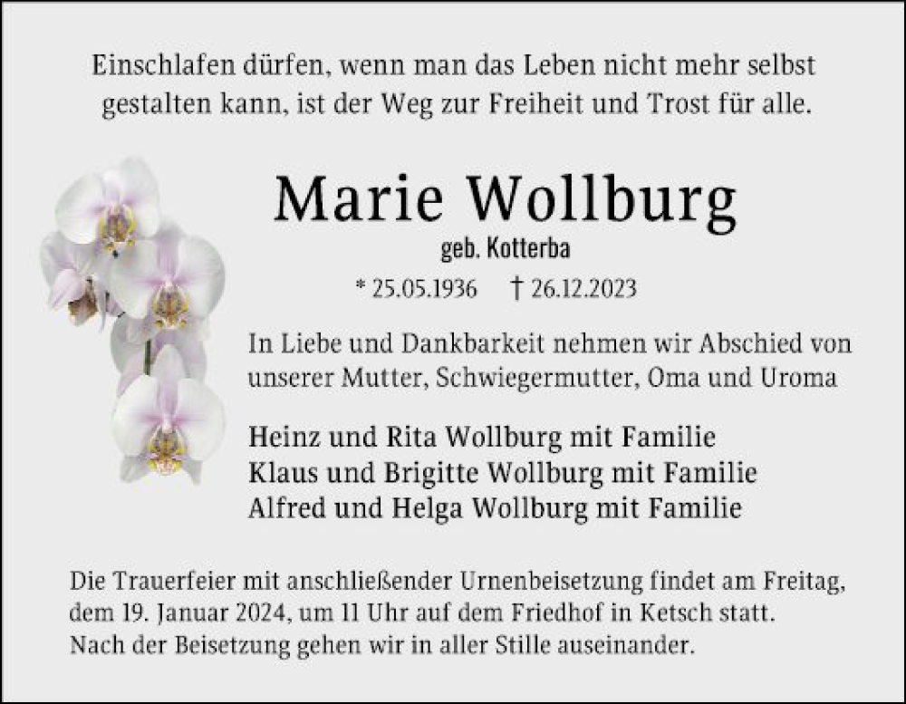  Traueranzeige für Marie Wollburg vom 13.01.2024 aus Schwetzinger Zeitung