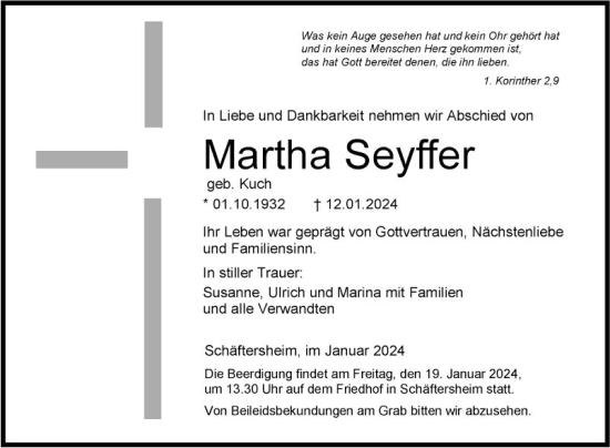 Traueranzeige von Martha Seyffer von Fränkische Nachrichten