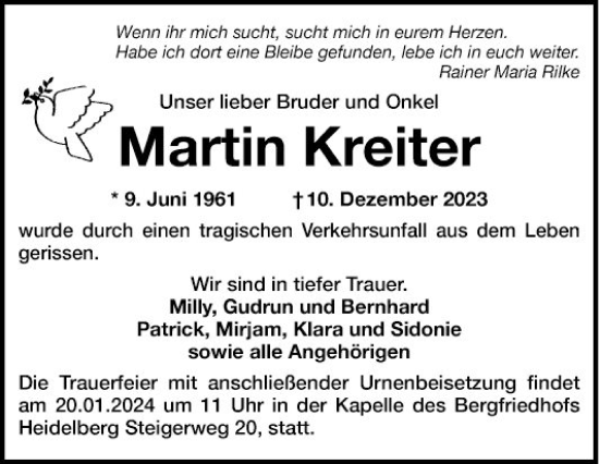 Traueranzeige von Martin Kreiter von Mannheimer Morgen