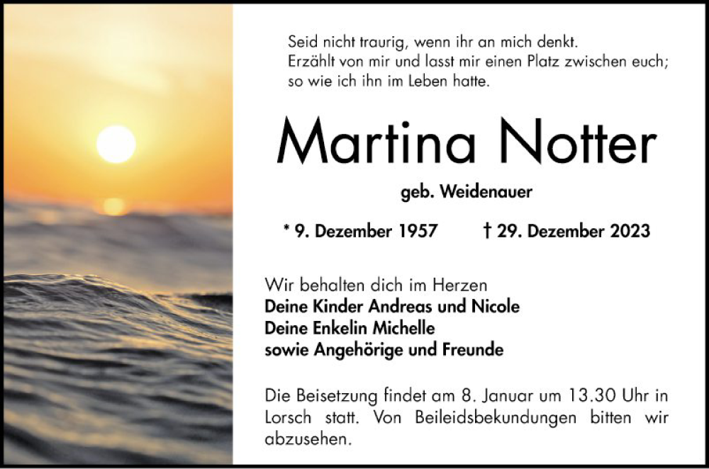  Traueranzeige für Martina Notter vom 05.01.2024 aus Bergsträßer Anzeiger
