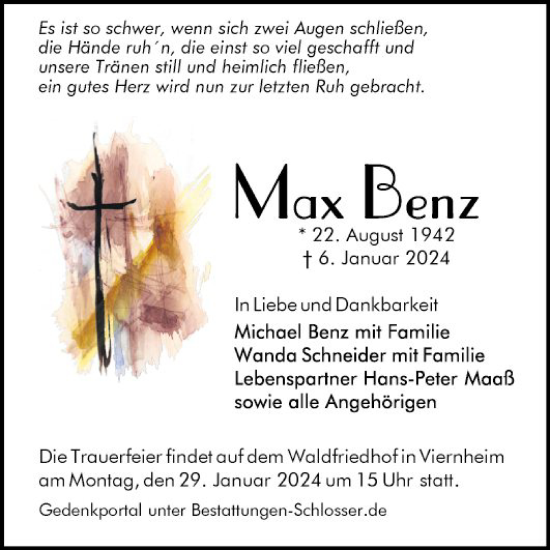 Traueranzeige von Max Benz von Mannheimer Morgen