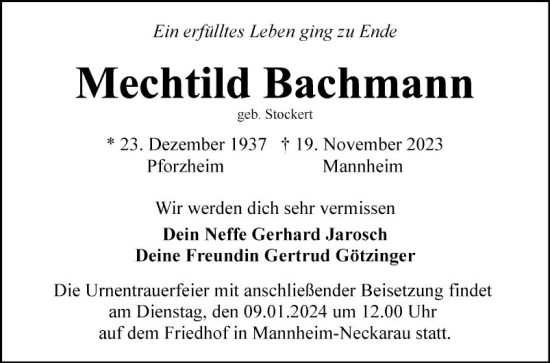 Traueranzeige von Mechtild Bachmann von Mannheimer Morgen