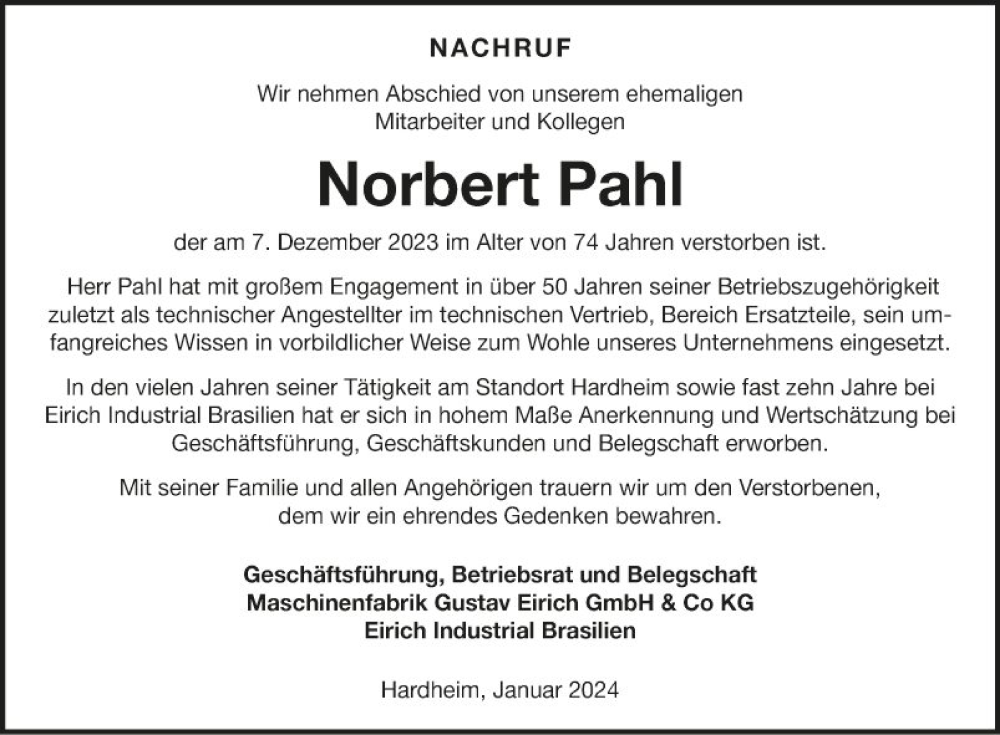  Traueranzeige für Norbert Fahl vom 13.01.2024 aus Fränkische Nachrichten